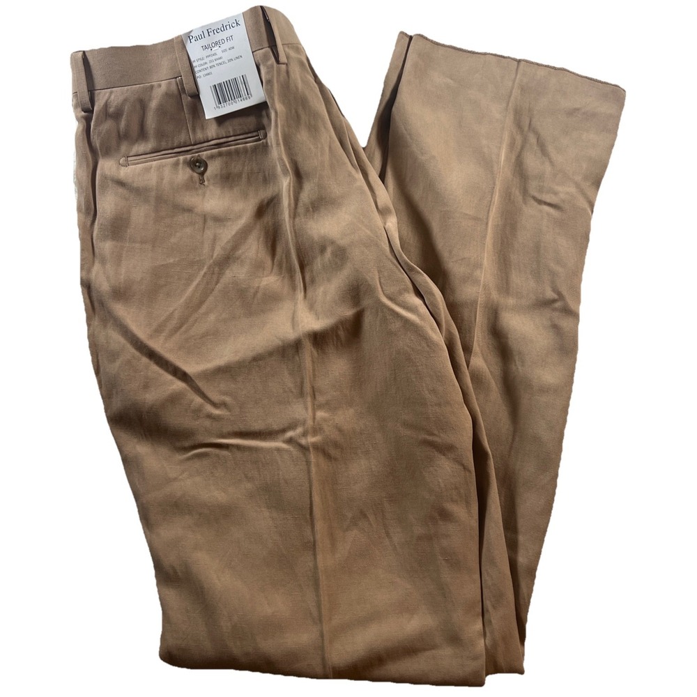 Paul‎ Fredrick Tencel Linen Blend Tailored Fit Dress Pants Sz 40 Unhemmed Khaki
